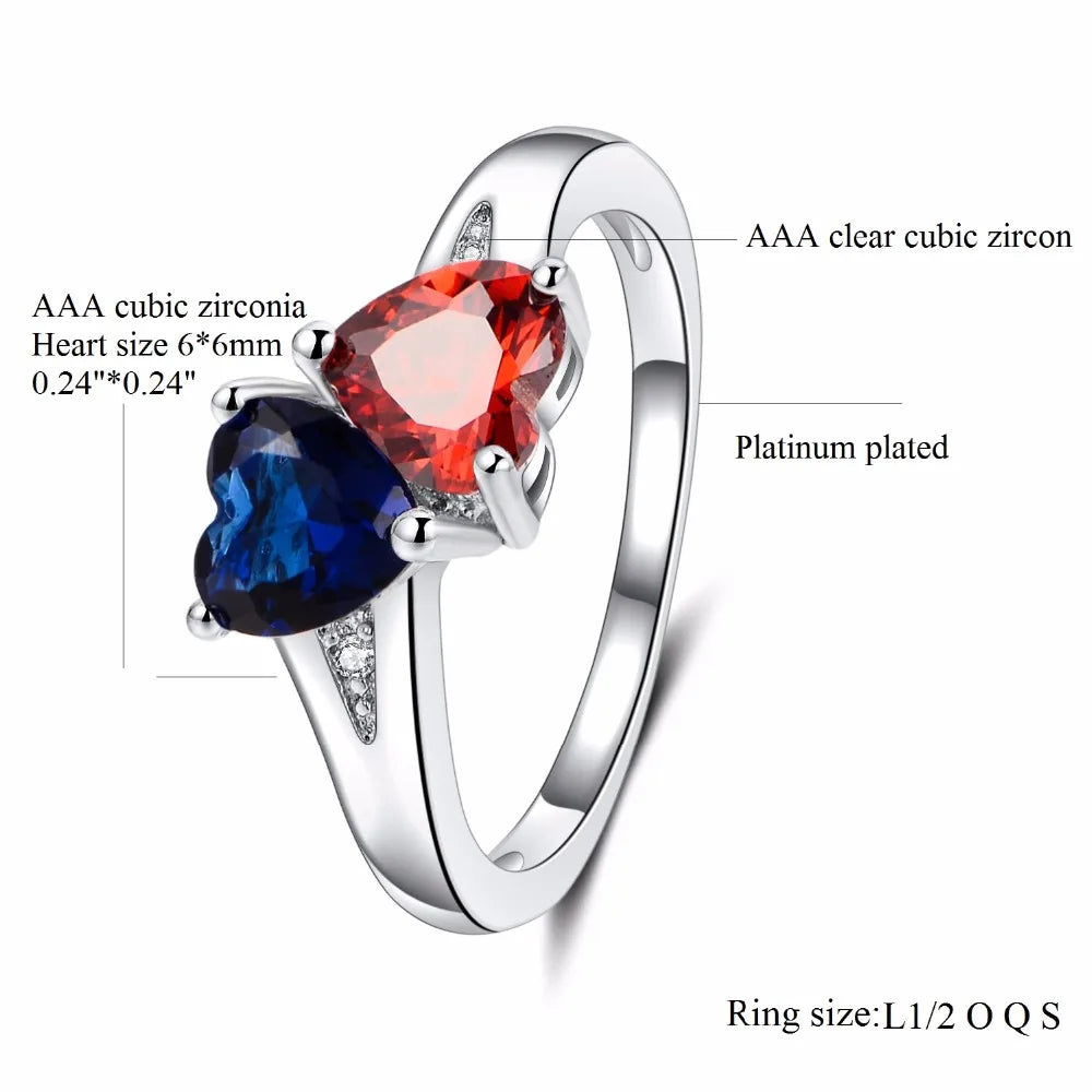 Uloveido Blue and Red Heart Crystal Ring for Women