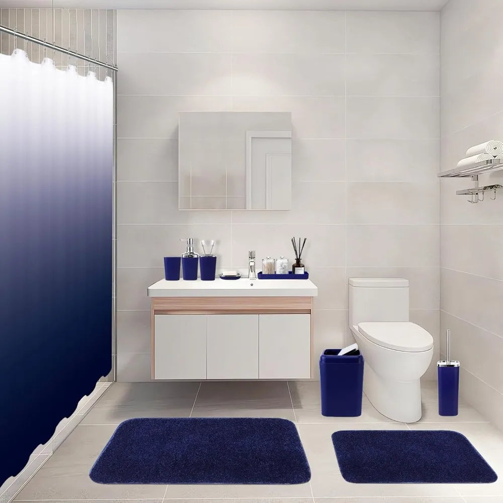 24Pcs Navy Blue Bathroom Set with Shower Curtain and Rugs