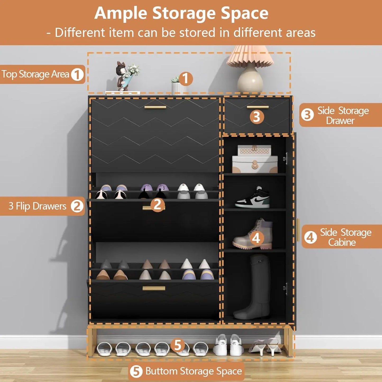 Tipping Bucket Shoe Storage Cabinet with 2 Flip Drawers