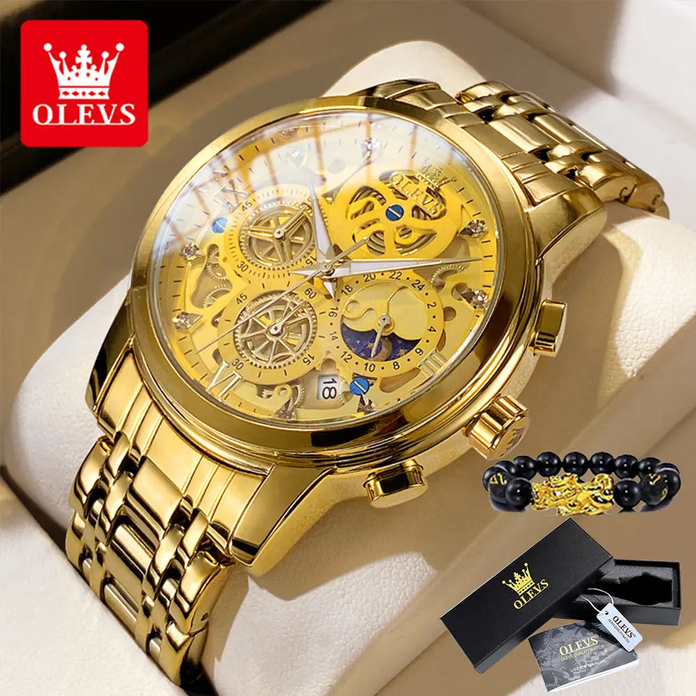 OLEVS 9947 Full Skeleton Gold Stainless Steel Luxury Waterproof  Moon Phase Men's Watch