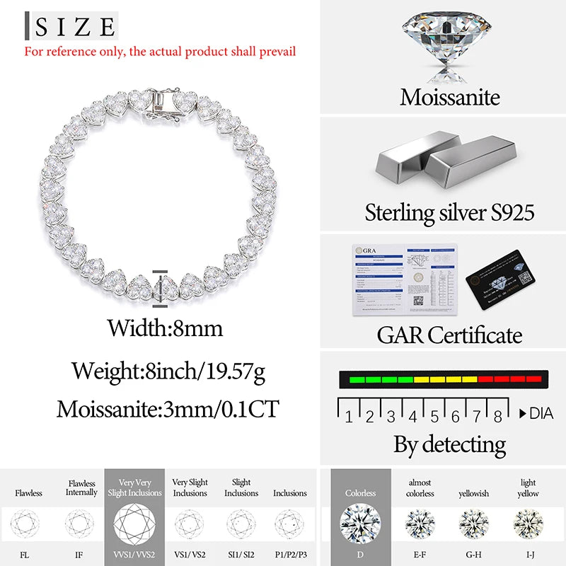 3mm-5mm Heart Tennis Moissanite Bracelet