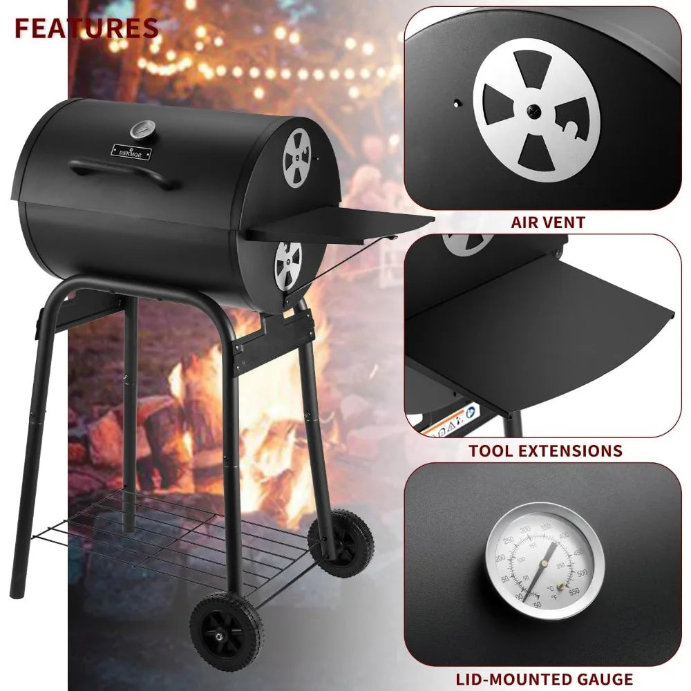 Outdoor Barrel Charcoal Grill with Side Table