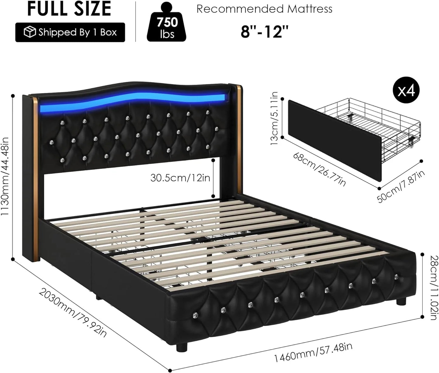 Smart LED Platform Bed Frame with 4 Storage Drawers