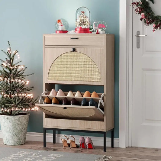 Shoe Storage Cabinet with 2 Flip Drawers & 1 Small Drawer