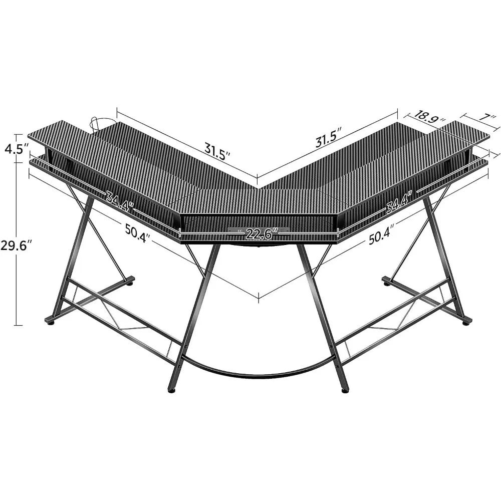 L Shaped Gaming Desk with LED Lights & Power Outlets