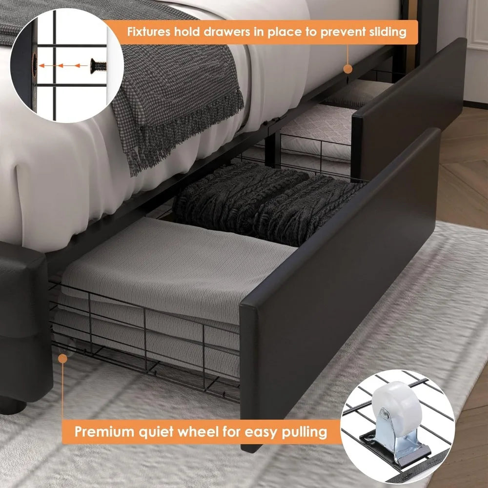 Smart LED Platform Bed Frame with 4 Storage Drawers