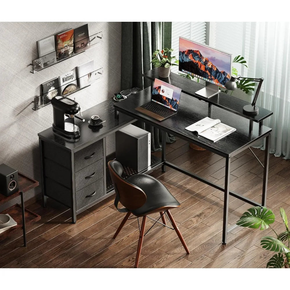 Reversible L Shaped Computer Desk with Drawers