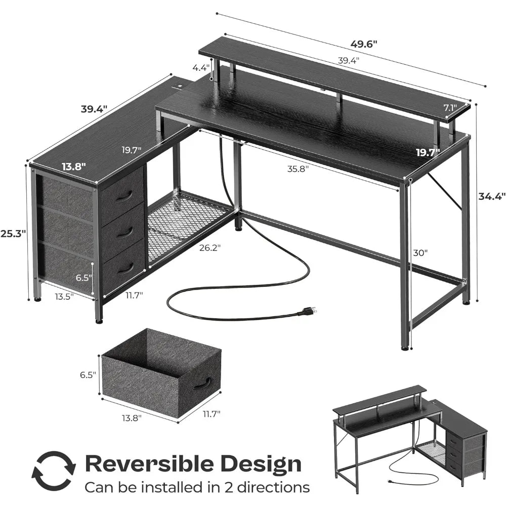 Reversible L Shaped Computer Desk with Drawers