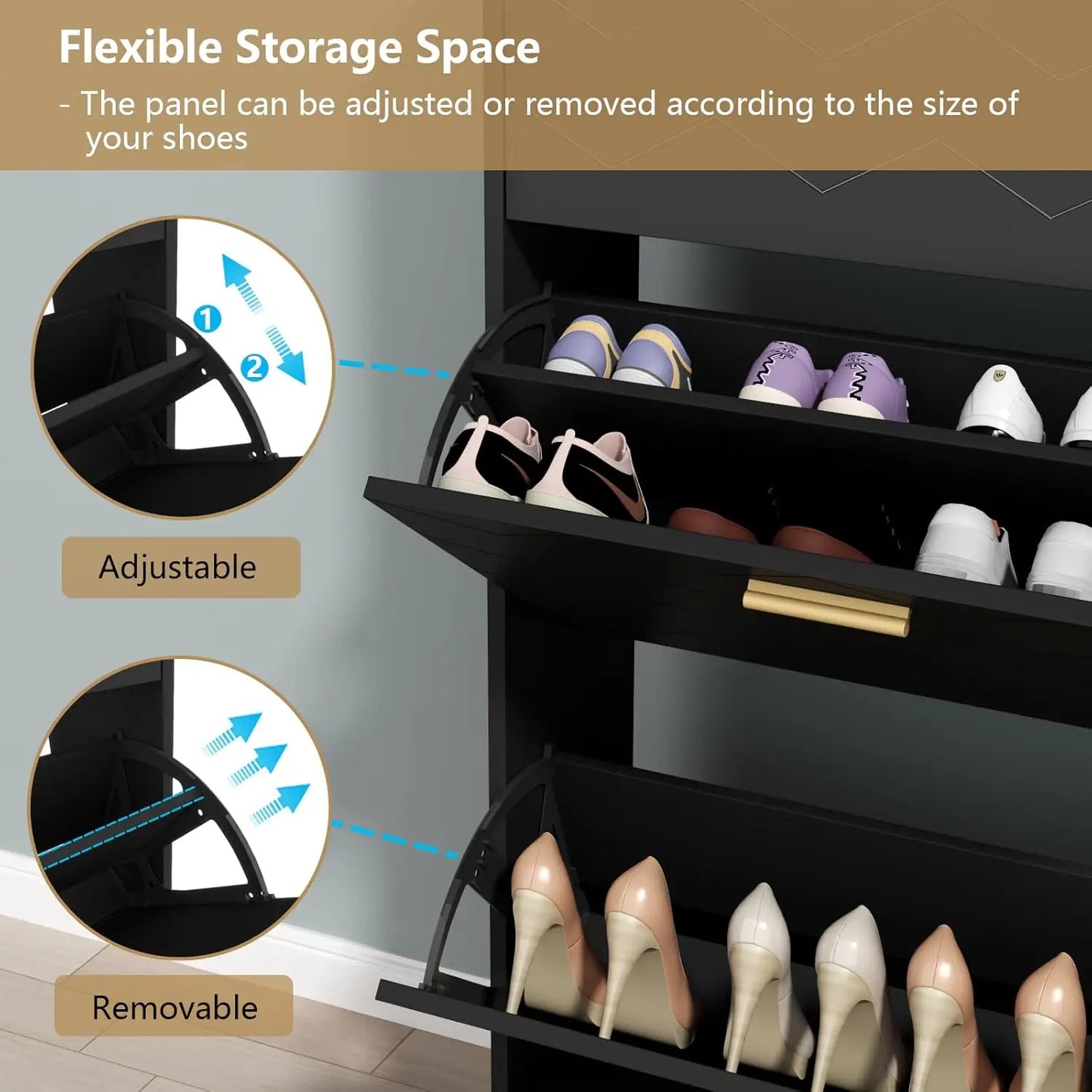 Tipping Bucket Shoe Storage Cabinet with 2 Flip Drawers