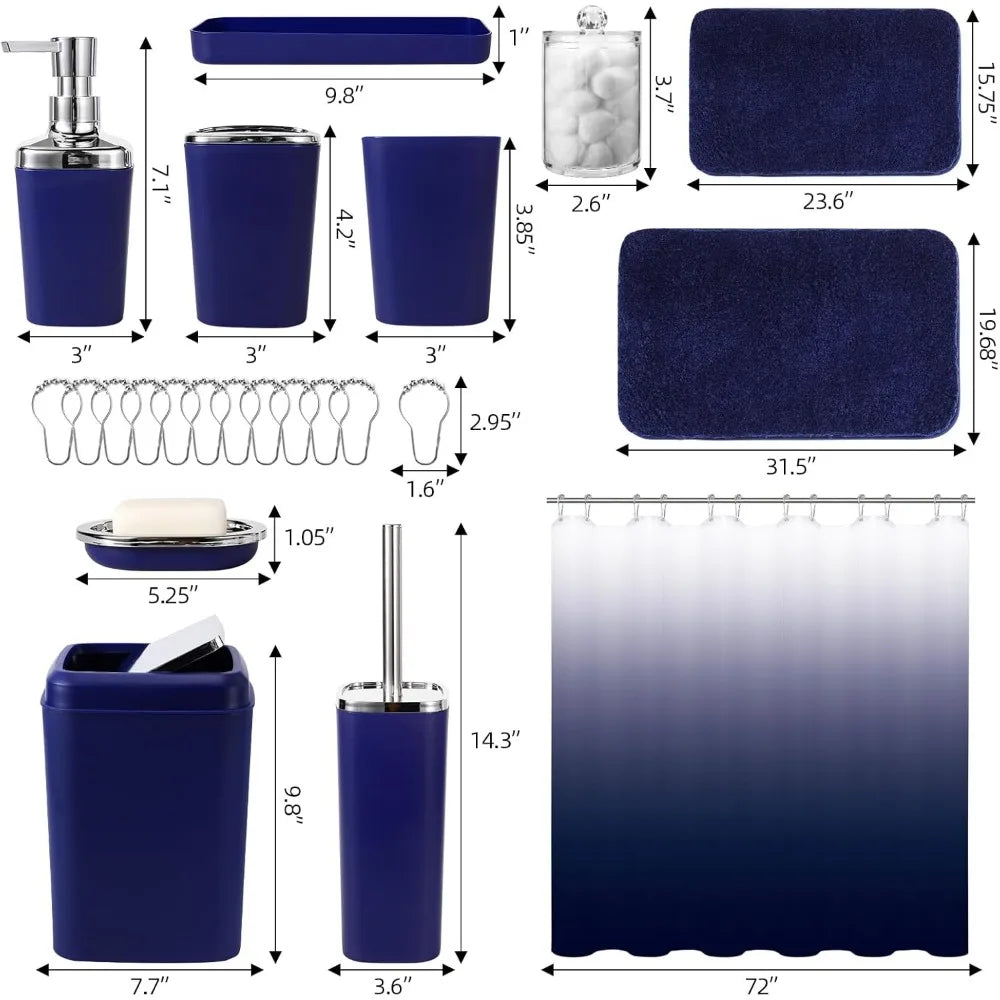 24Pcs Navy Blue Bathroom Set with Shower Curtain and Rugs