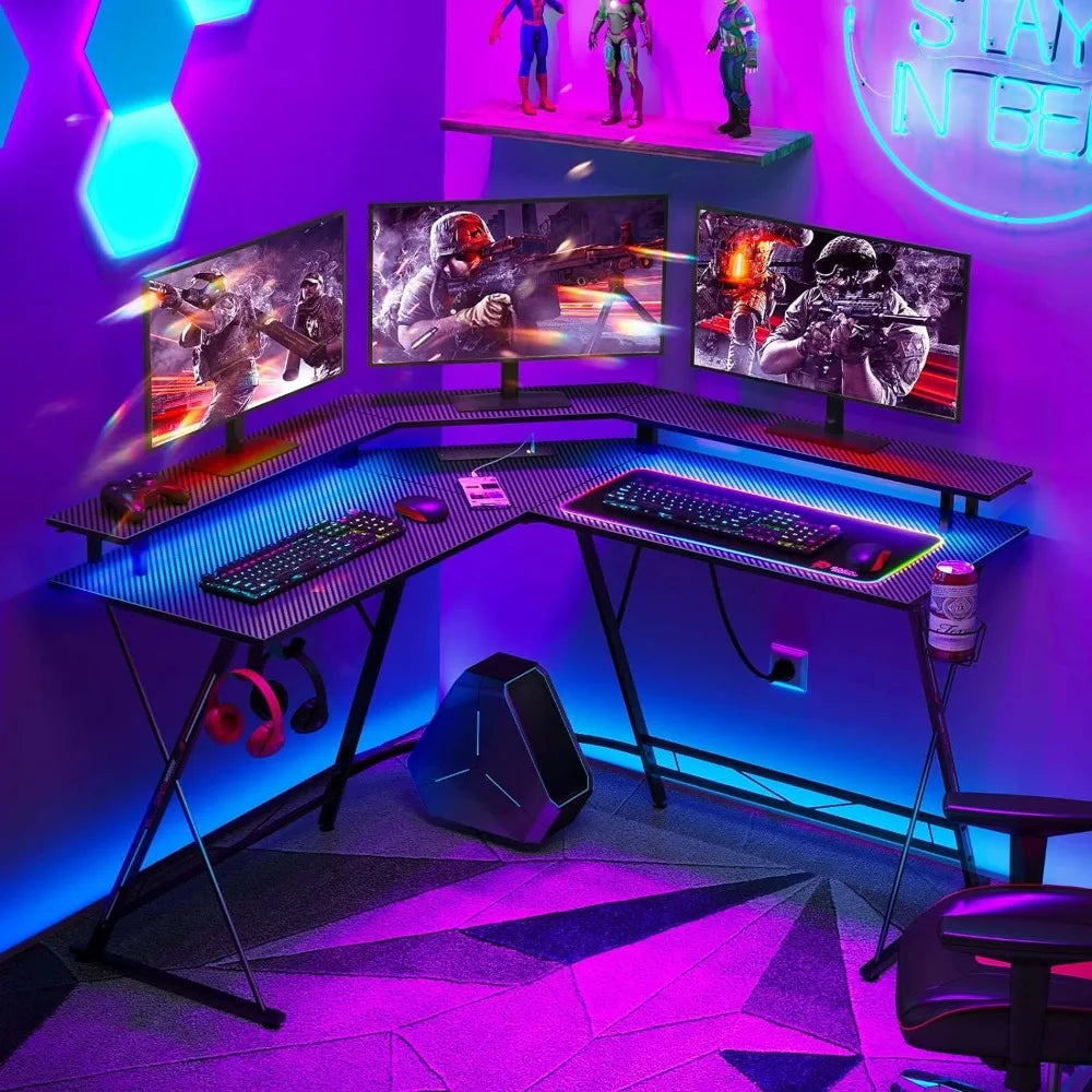 L Shaped Gaming Desk with LED Lights & Power Outlets