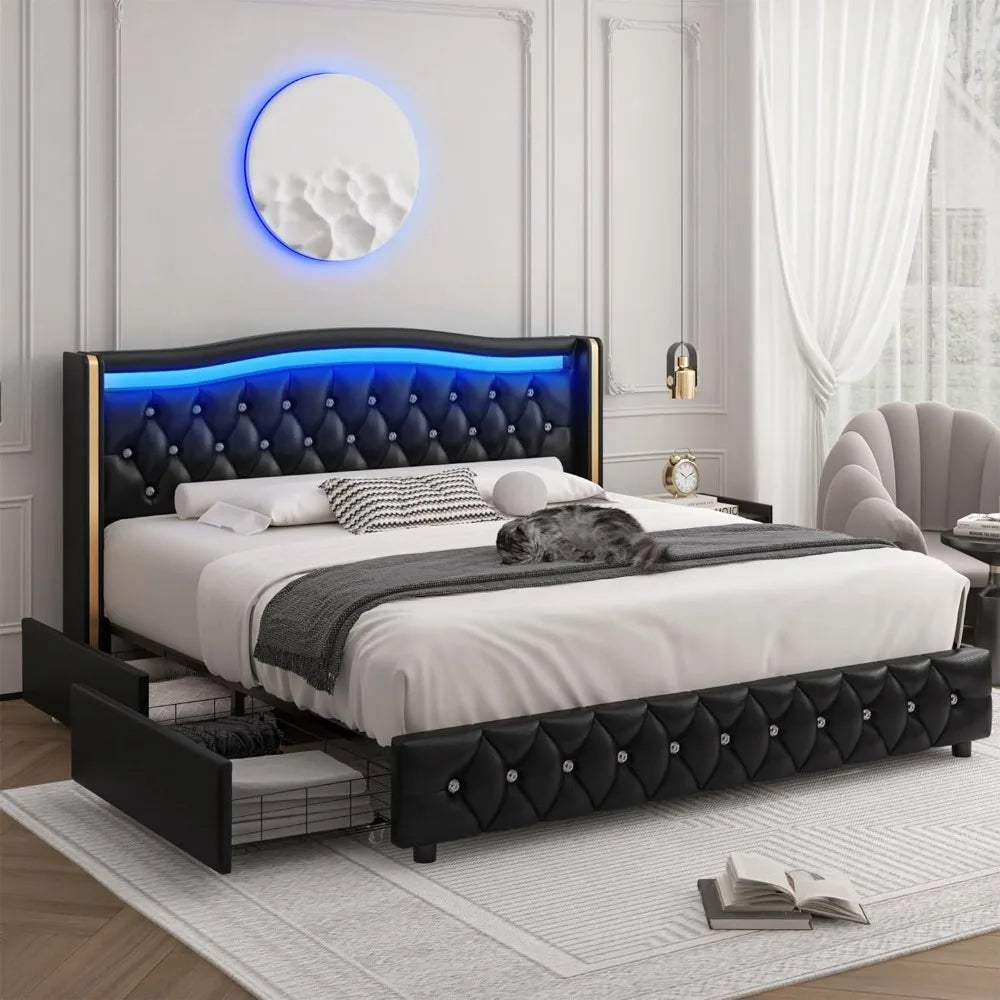 Smart LED Platform Bed Frame with 4 Storage Drawers