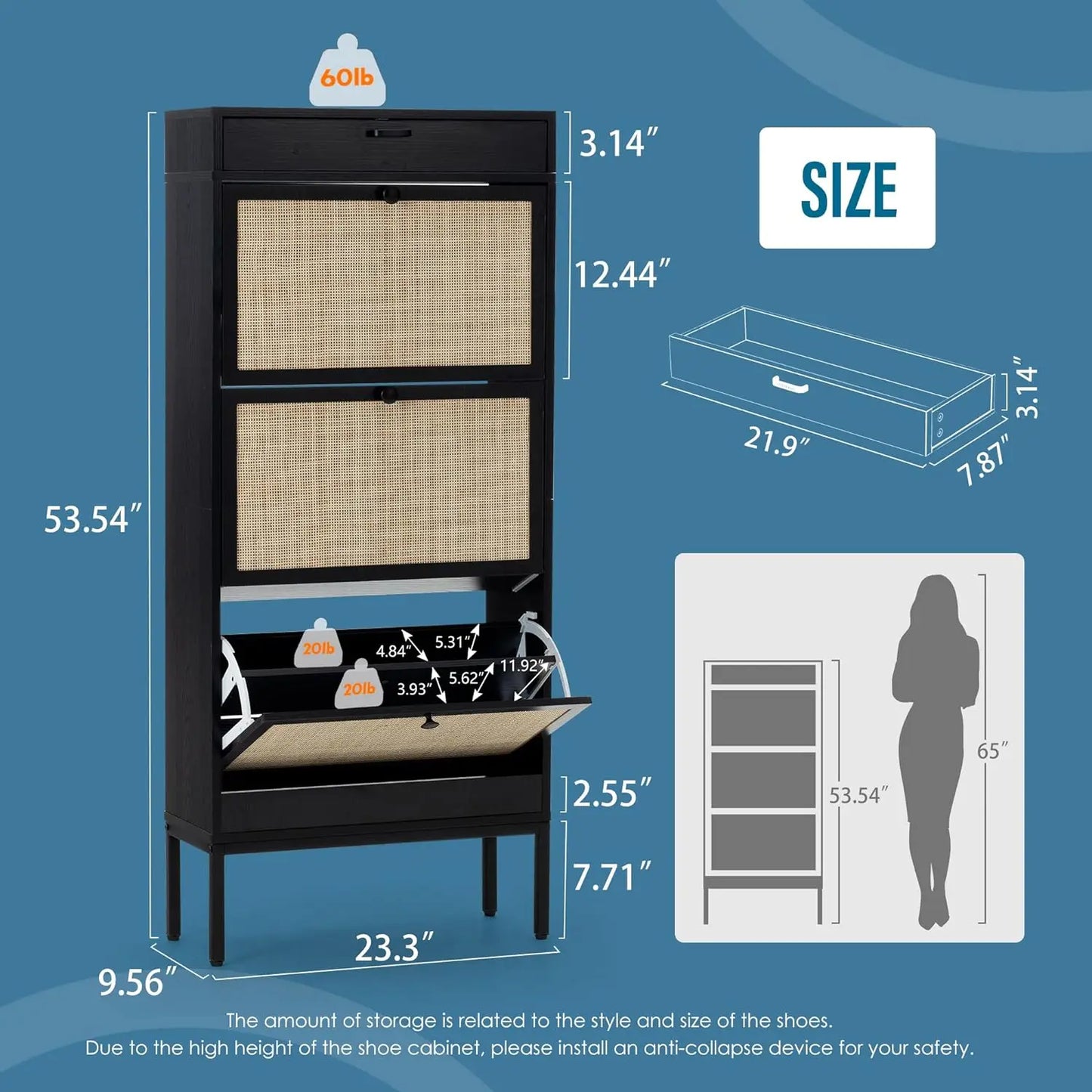 Shoe Storage Cabinet with 2 Flip Drawers & 1 Small Drawer