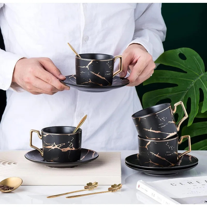 Hand Printed Golden Matte Ceramic Marble Tea / Coffee Service for 4