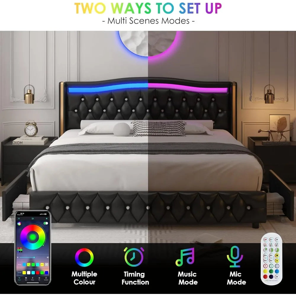 Smart LED Platform Bed Frame with 4 Storage Drawers