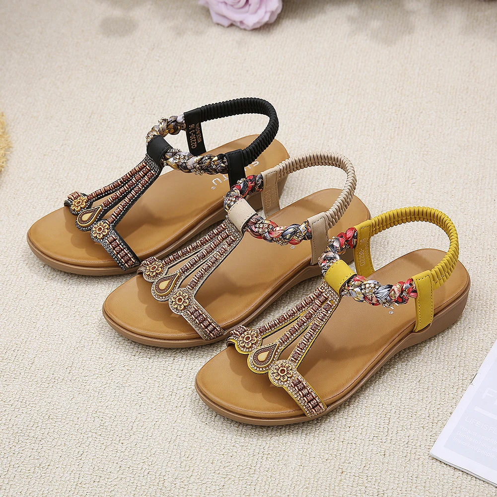 Women Bohemian Beaded Sandals With Ankle Strap