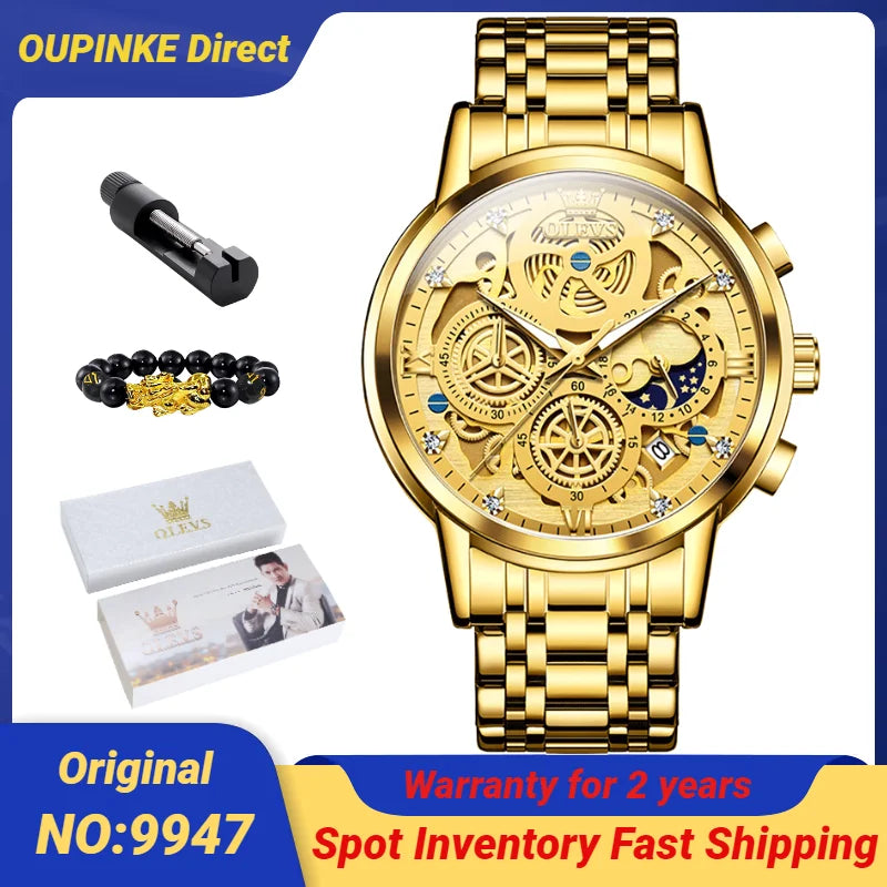 OLEVS 9947 Full Skeleton Gold Stainless Steel Luxury Waterproof  Moon Phase Men's Watch