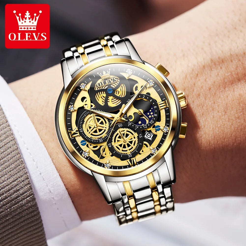 OLEVS 9947 Full Skeleton Gold Stainless Steel Luxury Waterproof  Moon Phase Men's Watch