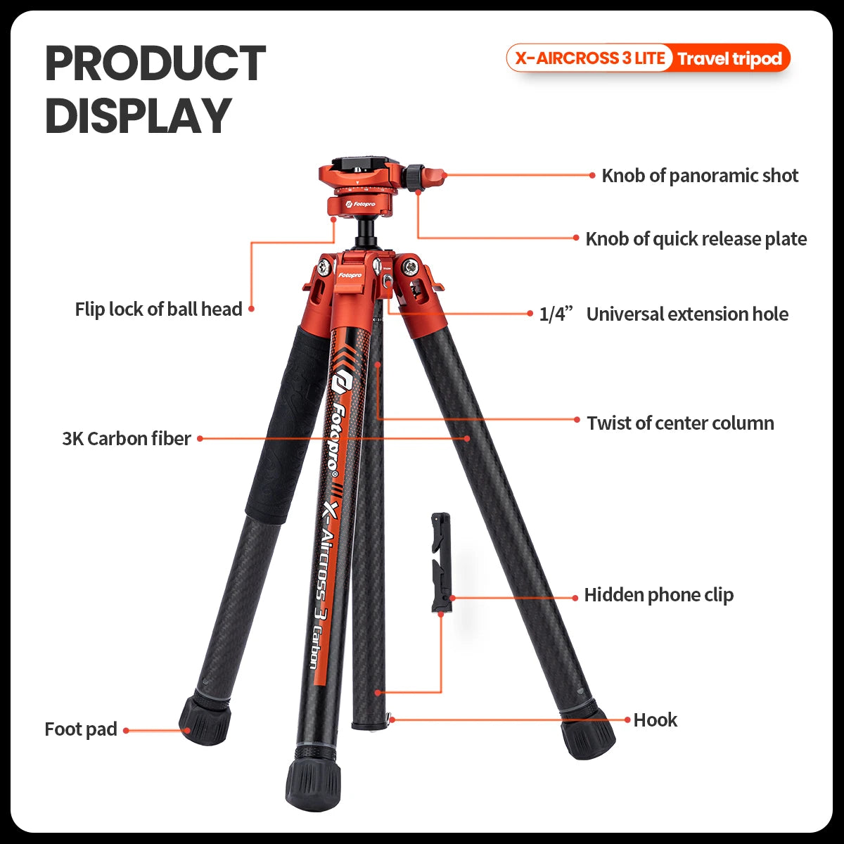 Fotopro X-Aircross 3 Lite Carbon Fiber Tripod