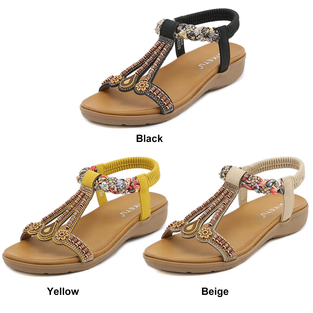 Women Bohemian Beaded Sandals With Ankle Strap