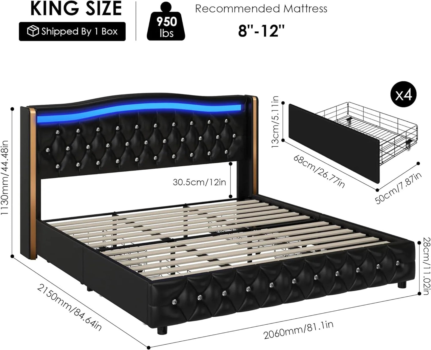 Smart LED Platform Bed Frame with 4 Storage Drawers