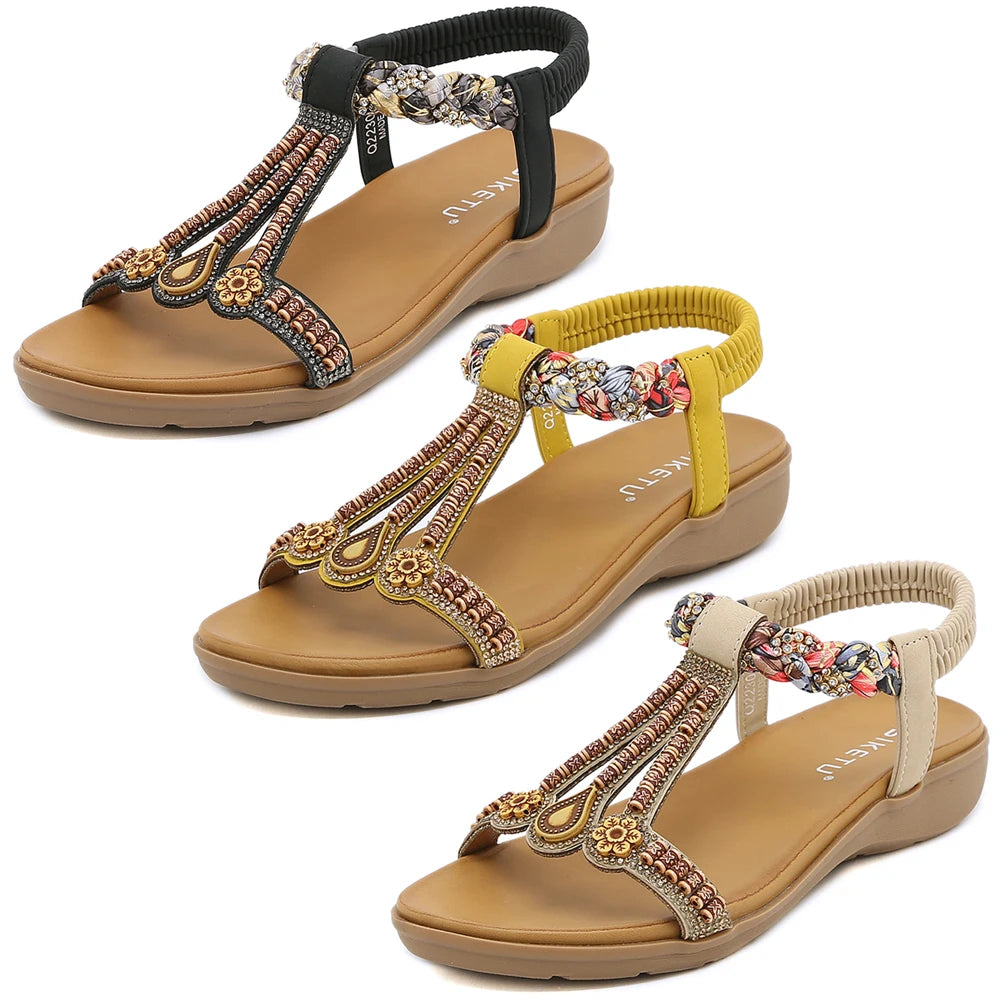 Women Bohemian Beaded Sandals With Ankle Strap