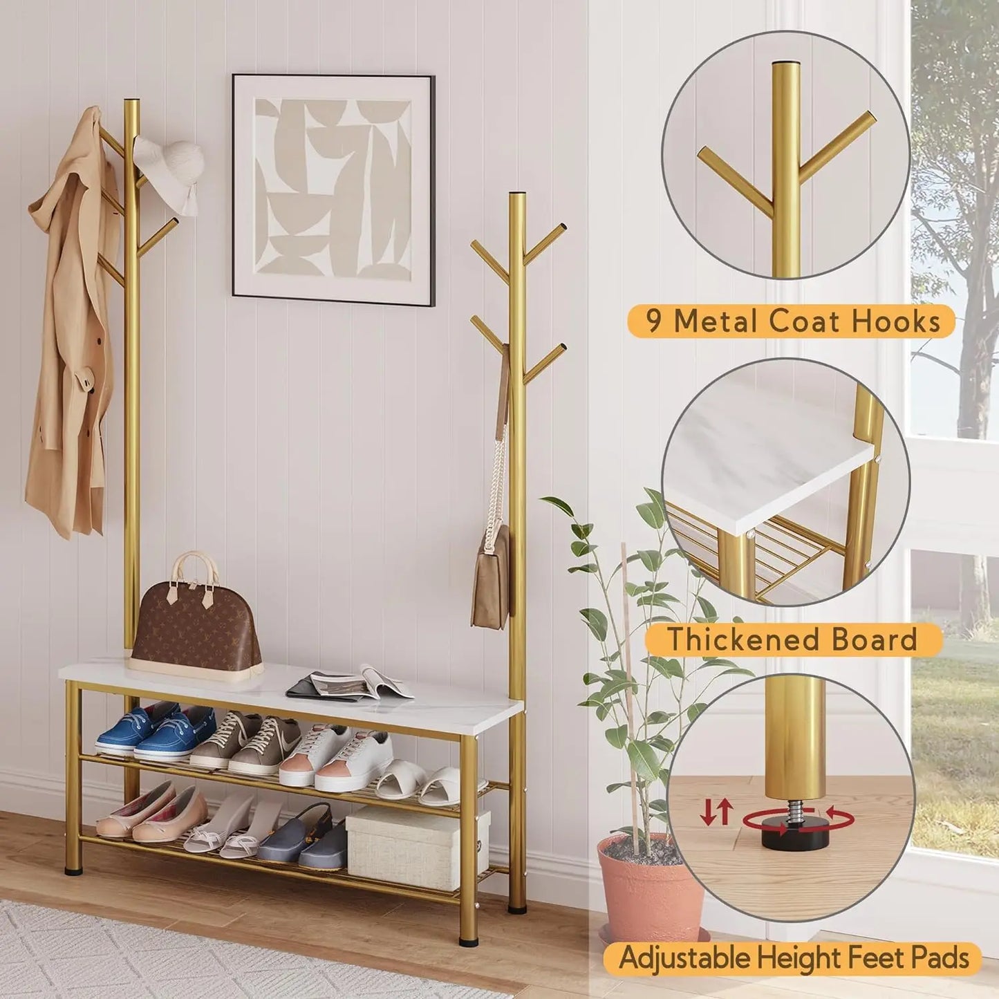 Yusong Shoe Bench with 2 Hall Tree Coat Rack Stand